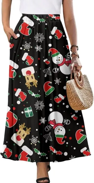 Women's Casual Maxi Skirt with Pockets Lightweight Long Skirts Flowy Swing High Waist Pleated Ankle Length
