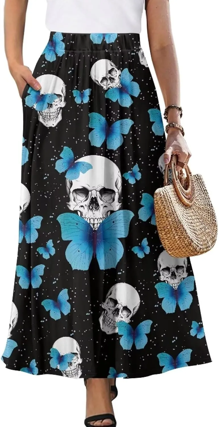 Women's Casual Maxi Skirt with Pockets Lightweight Long Skirts Flowy Swing High Waist Pleated Ankle Length