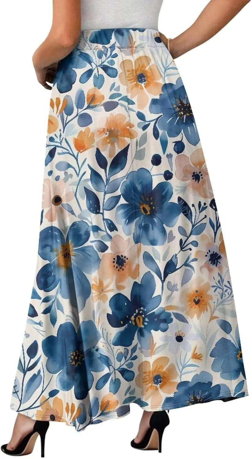 Women's Casual Maxi Skirt with Pockets Lightweight Long Skirts Flowy Swing High Waist Pleated Ankle Length
