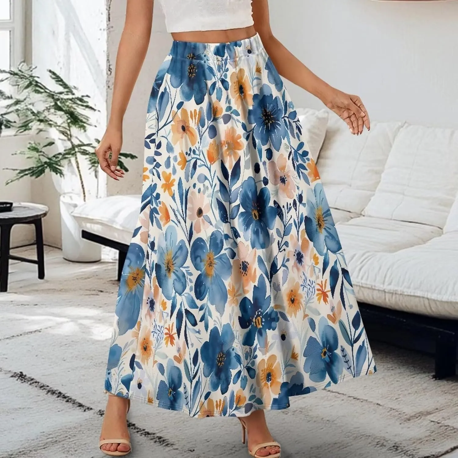 Women's Casual Maxi Skirt with Pockets Lightweight Long Skirts Flowy Swing High Waist Pleated Ankle Length