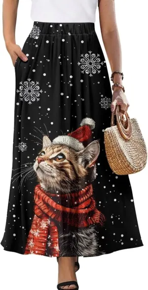 Women's Casual Maxi Skirt with Pockets Lightweight Long Skirts Flowy Swing High Waist Pleated Ankle Length