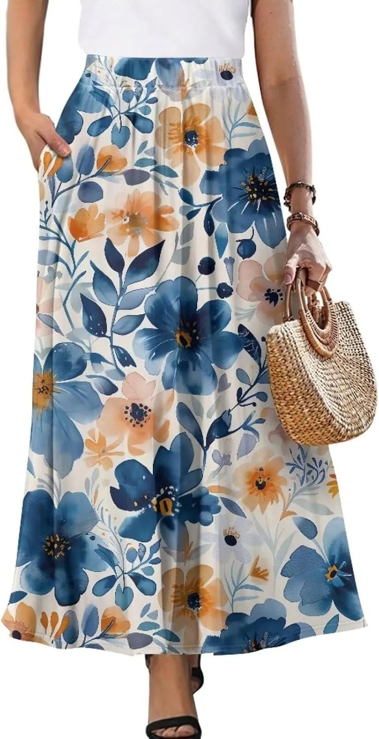 Women's Casual Maxi Skirt with Pockets Lightweight Long Skirts Flowy Swing High Waist Pleated Ankle Length