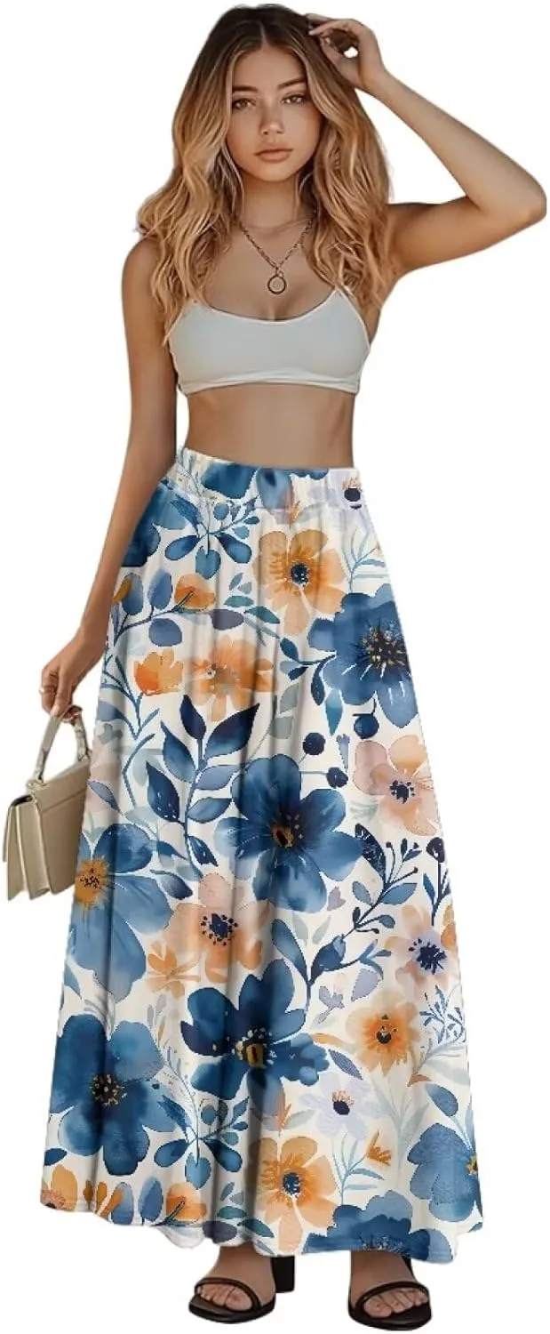 Women's Casual Maxi Skirt with Pockets Lightweight Long Skirts Flowy Swing High Waist Pleated Ankle Length
