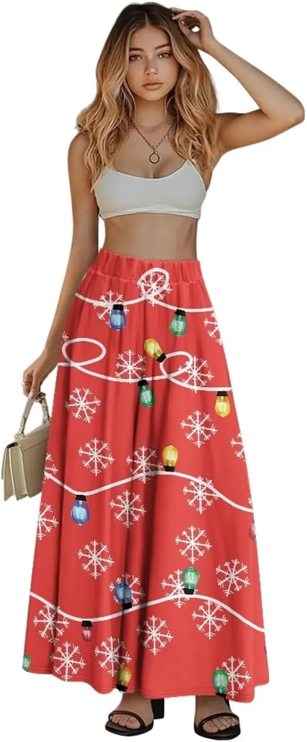 Women's Casual Maxi Skirt with Pockets Lightweight Long Skirts Flowy Swing High Waist Pleated Ankle Length