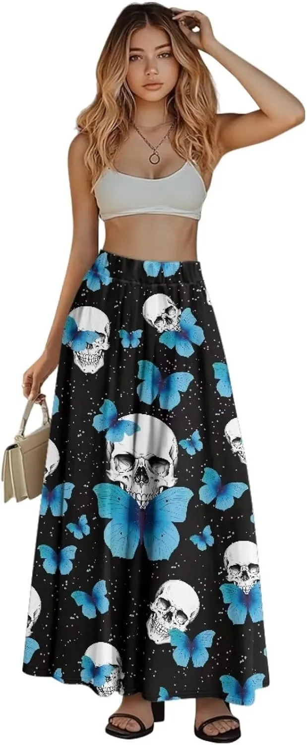 Women's Casual Maxi Skirt with Pockets Lightweight Long Skirts Flowy Swing High Waist Pleated Ankle Length