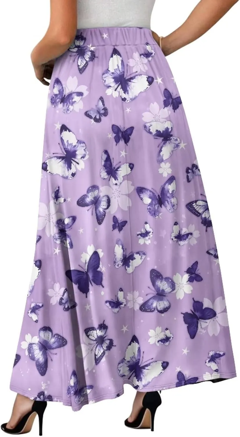 Womens Casual Skirts High Waist Long Pleated Skirts A-line Midi with Pockets Ankle Length Flowy Swing Skirts