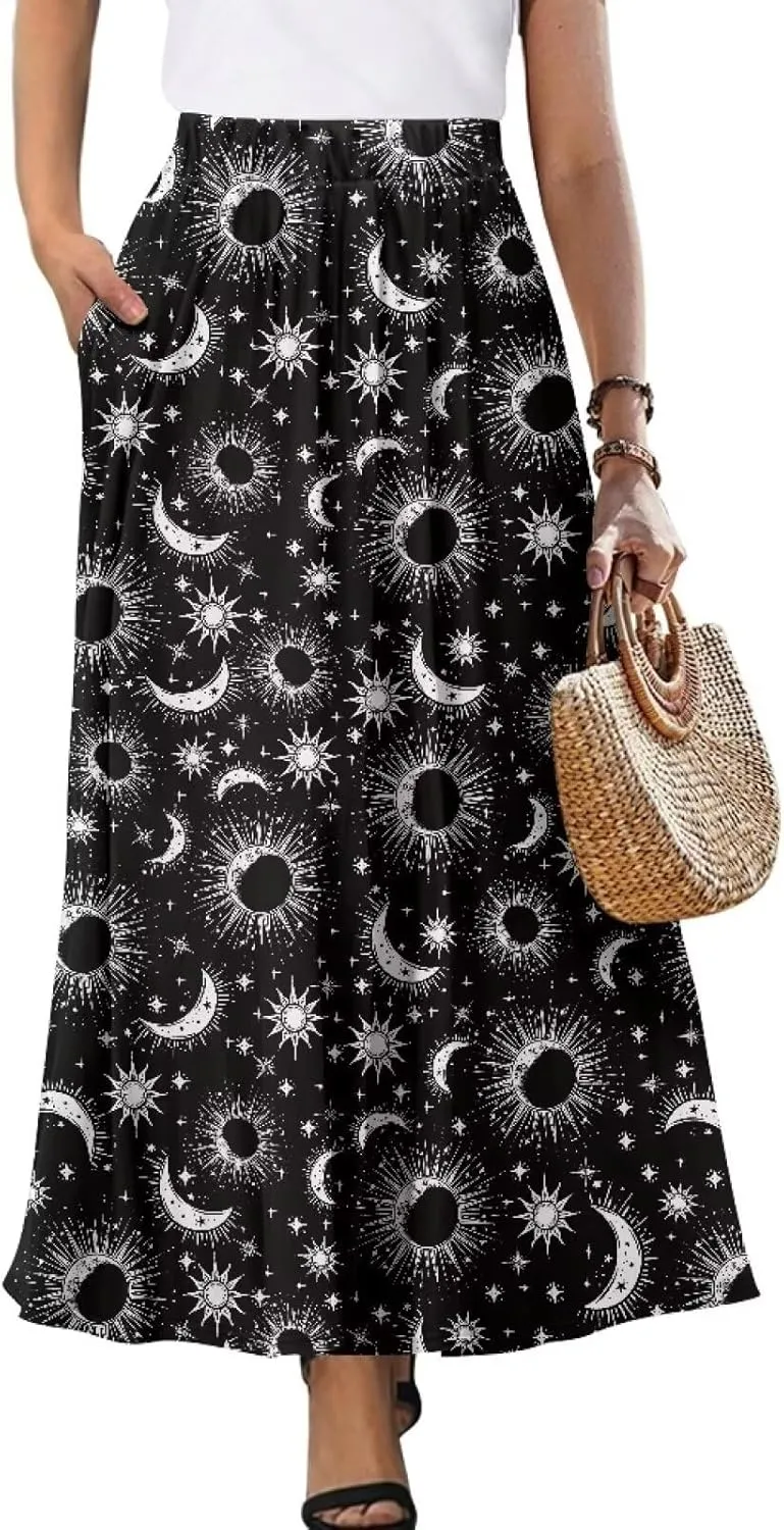Womens Casual Skirts High Waist Long Pleated Skirts A-line Midi with Pockets Ankle Length Flowy Swing Skirts