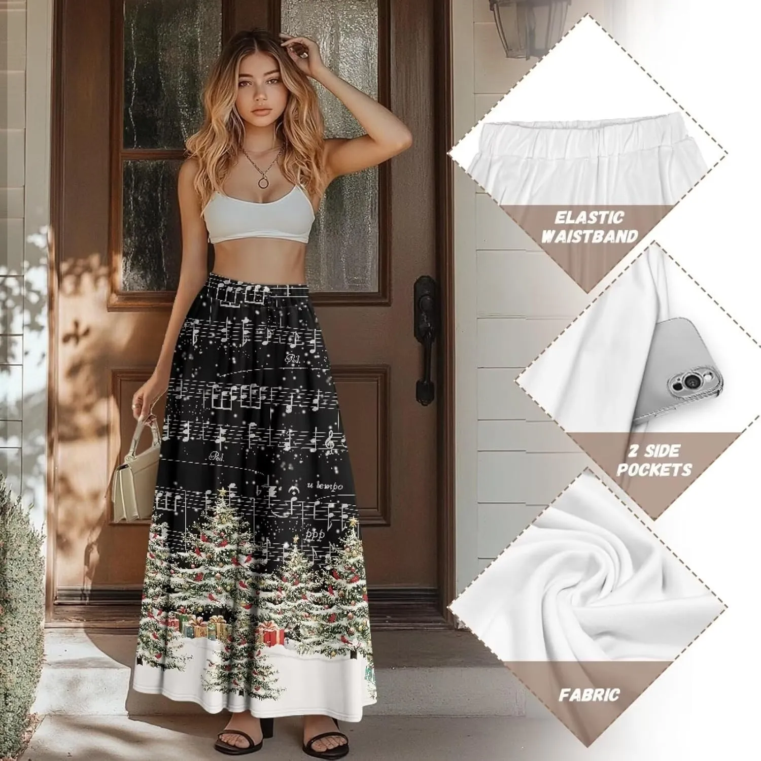 Womens Casual Skirts High Waist Long Pleated Skirts A-line Midi with Pockets Ankle Length Flowy Swing Skirts