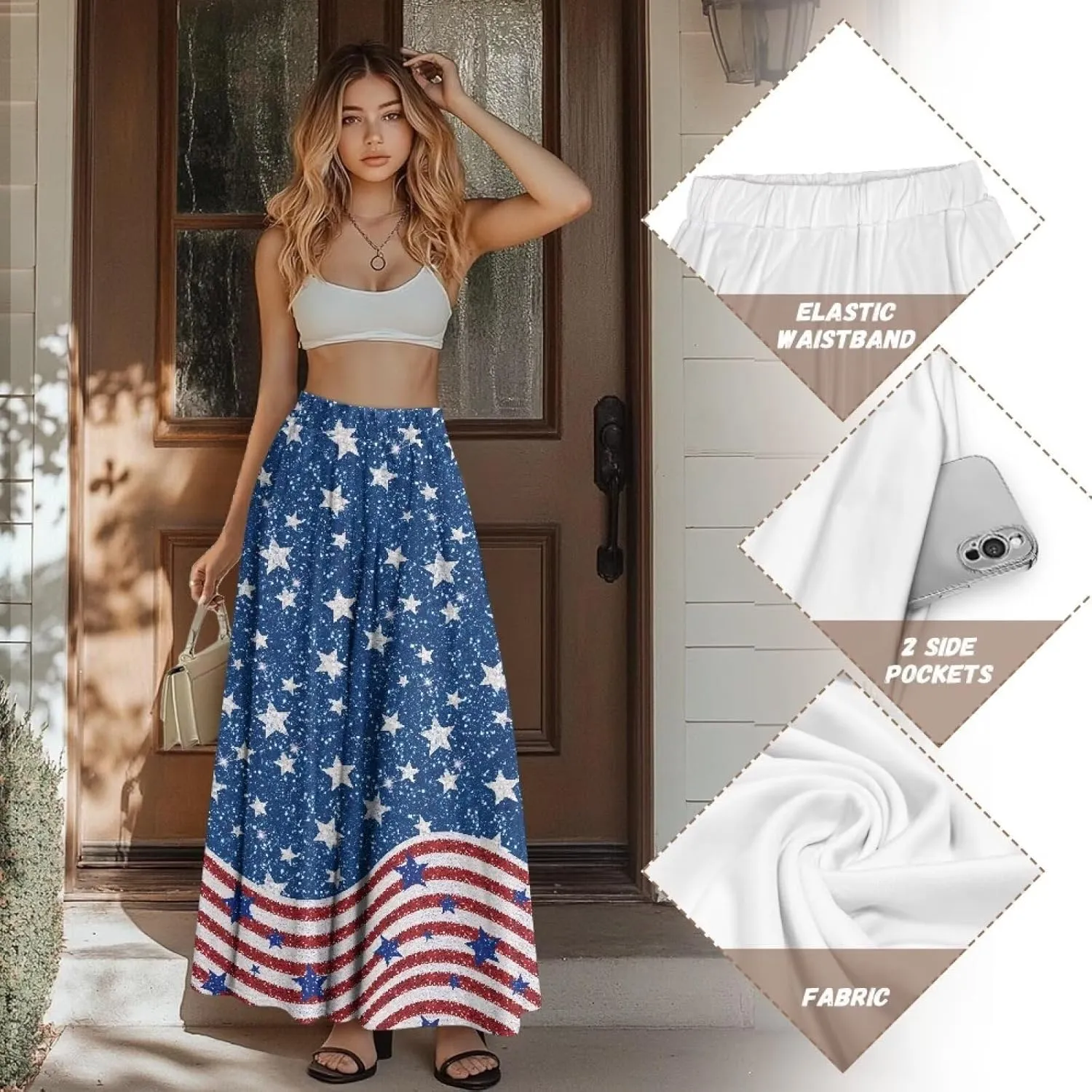 Womens Casual Skirts High Waist Long Pleated Skirts A-line Midi with Pockets Ankle Length Flowy Swing Skirts