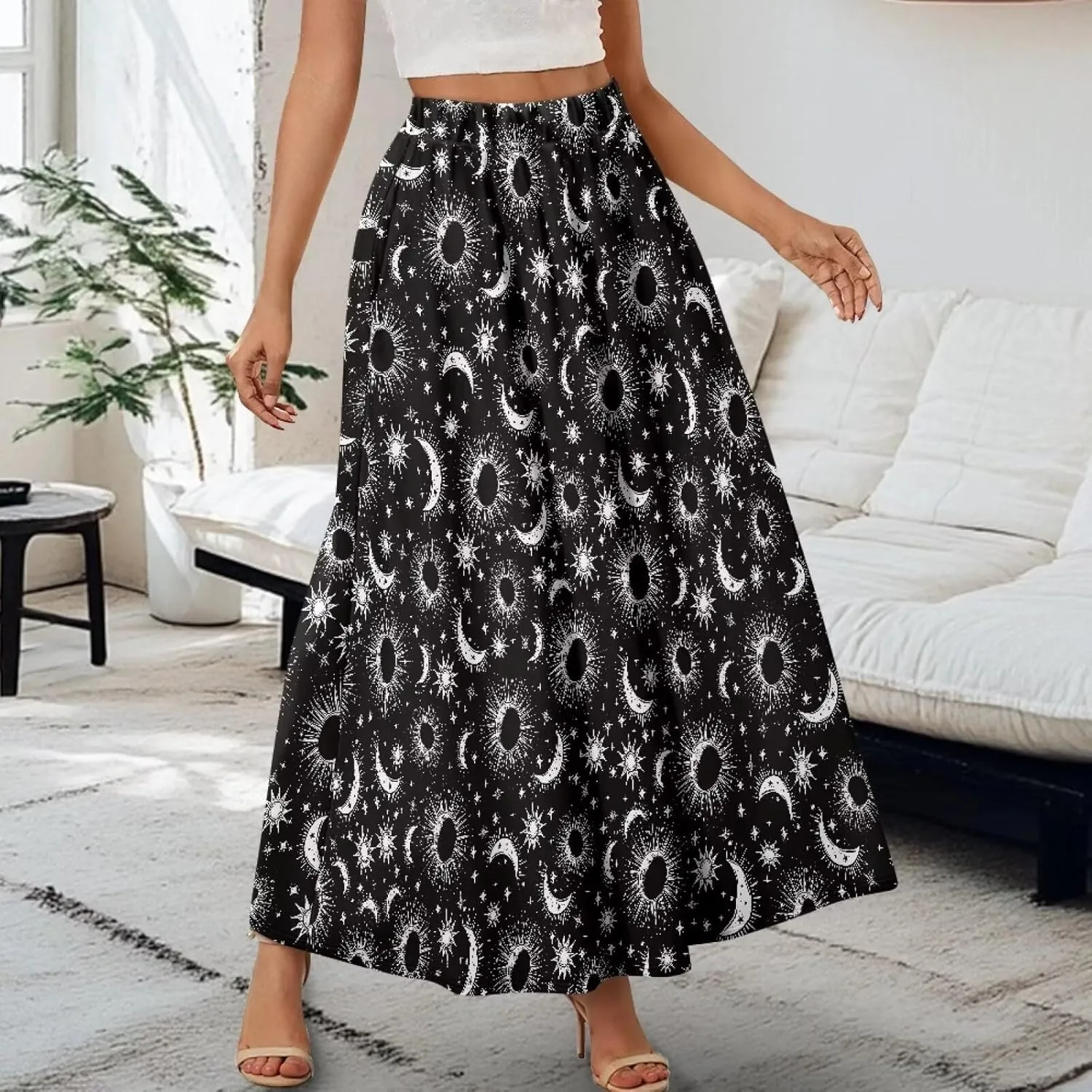 Womens Casual Skirts High Waist Long Pleated Skirts A-line Midi with Pockets Ankle Length Flowy Swing Skirts