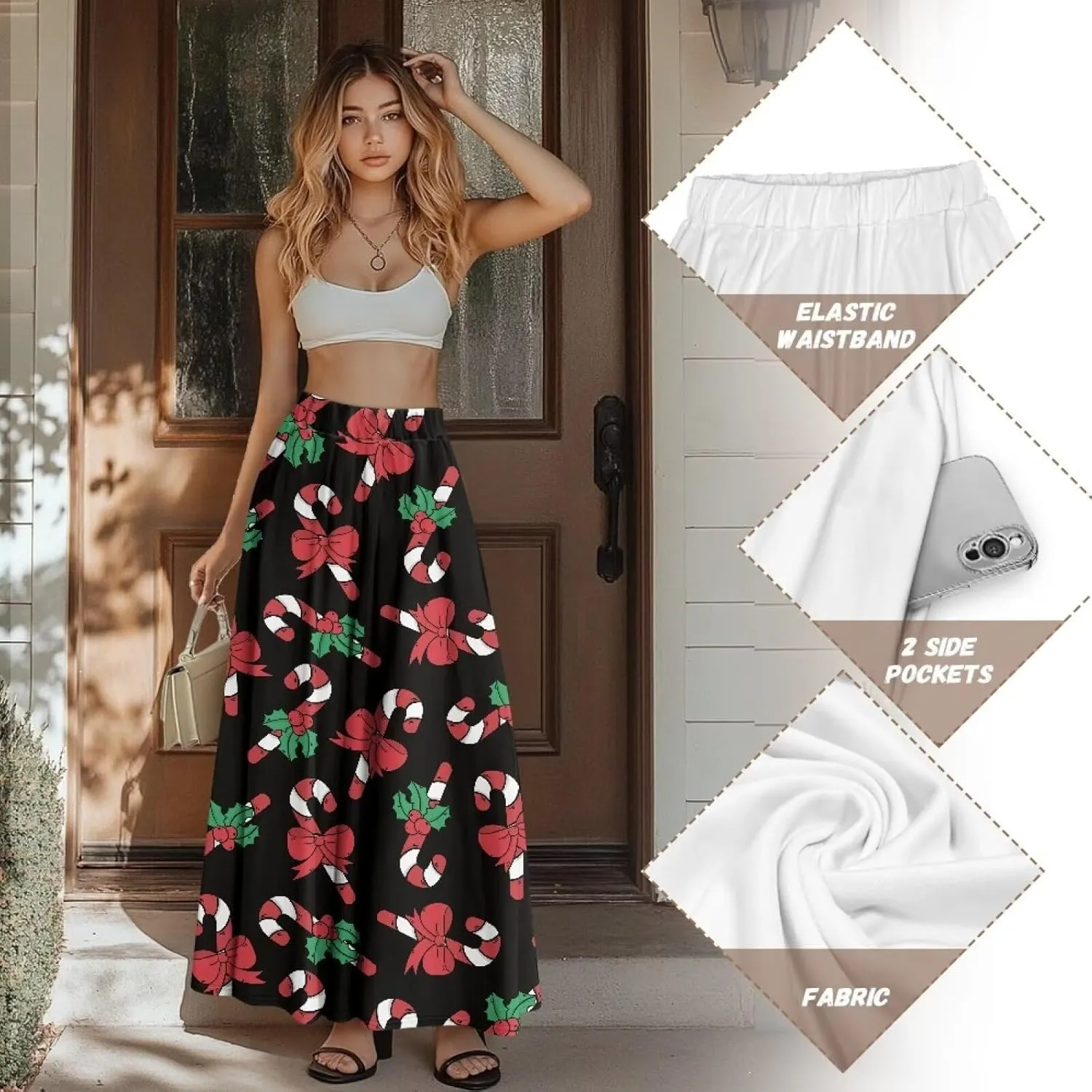Womens Casual Skirts High Waist Long Pleated Skirts A-line Midi with Pockets Ankle Length Flowy Swing Skirts