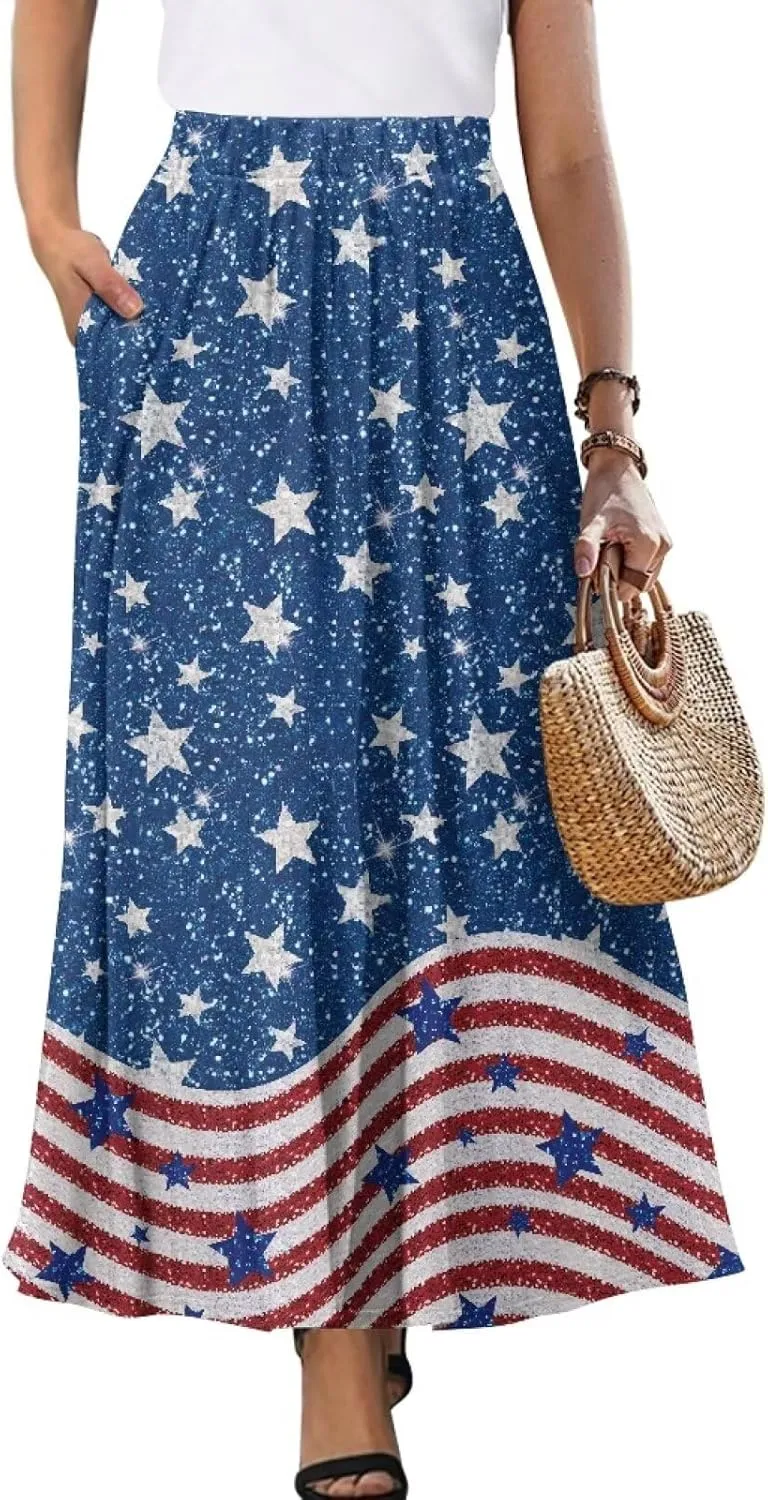 Womens Casual Skirts High Waist Long Pleated Skirts A-line Midi with Pockets Ankle Length Flowy Swing Skirts
