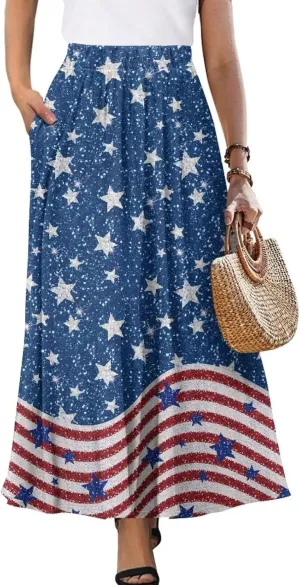 Womens Casual Skirts High Waist Long Pleated Skirts A-line Midi with Pockets Ankle Length Flowy Swing Skirts