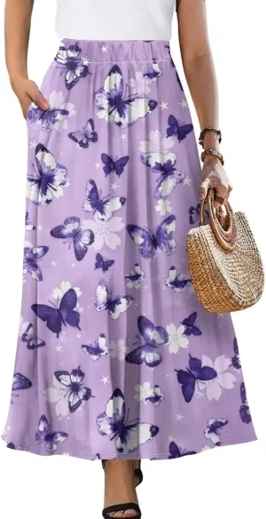 Womens Casual Skirts High Waist Long Pleated Skirts A-line Midi with Pockets Ankle Length Flowy Swing Skirts
