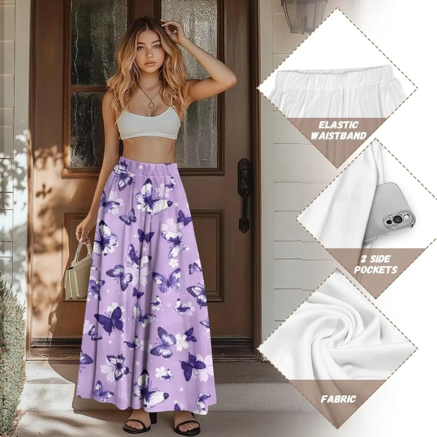 Womens Casual Skirts High Waist Long Pleated Skirts A-line Midi with Pockets Ankle Length Flowy Swing Skirts