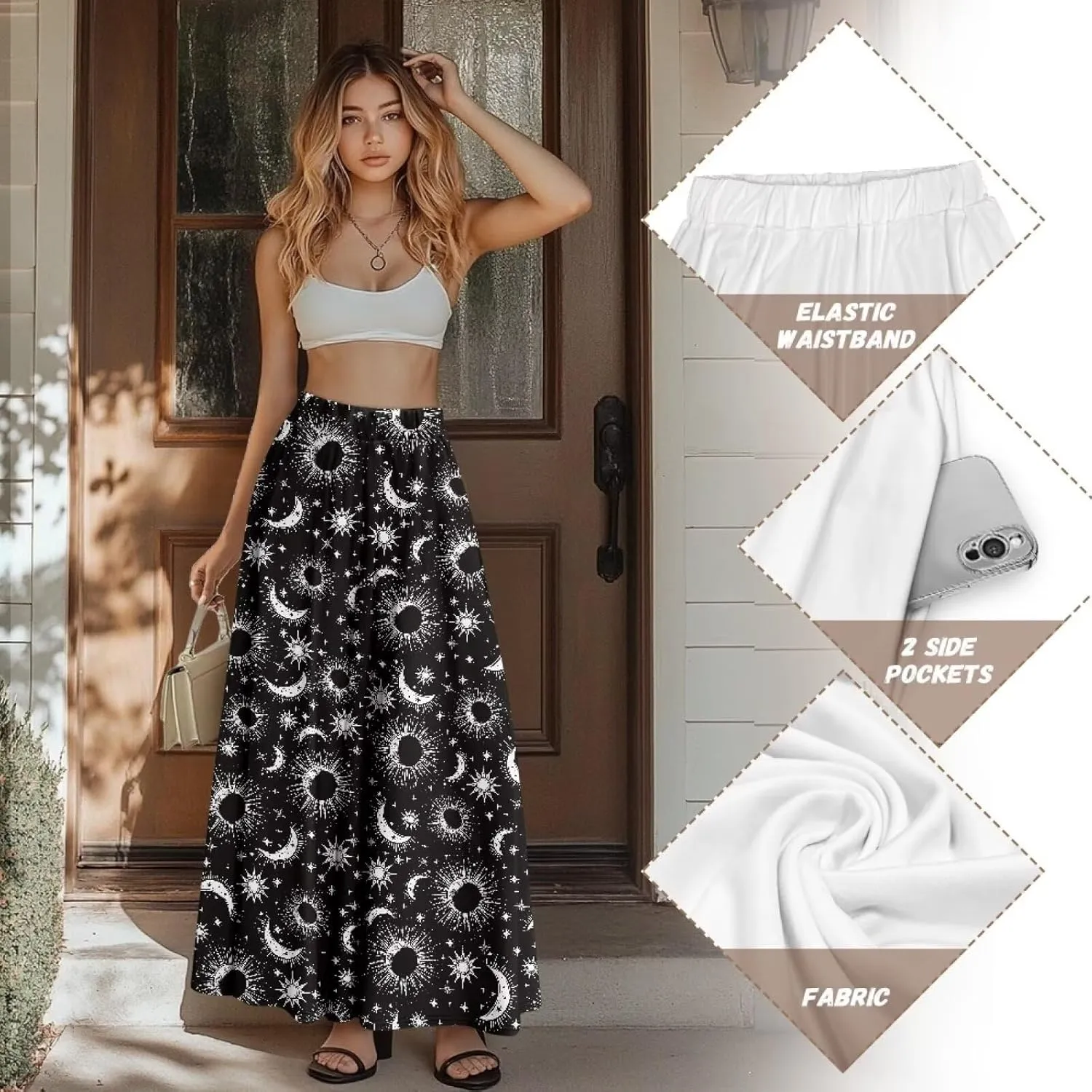 Womens Casual Skirts High Waist Long Pleated Skirts A-line Midi with Pockets Ankle Length Flowy Swing Skirts