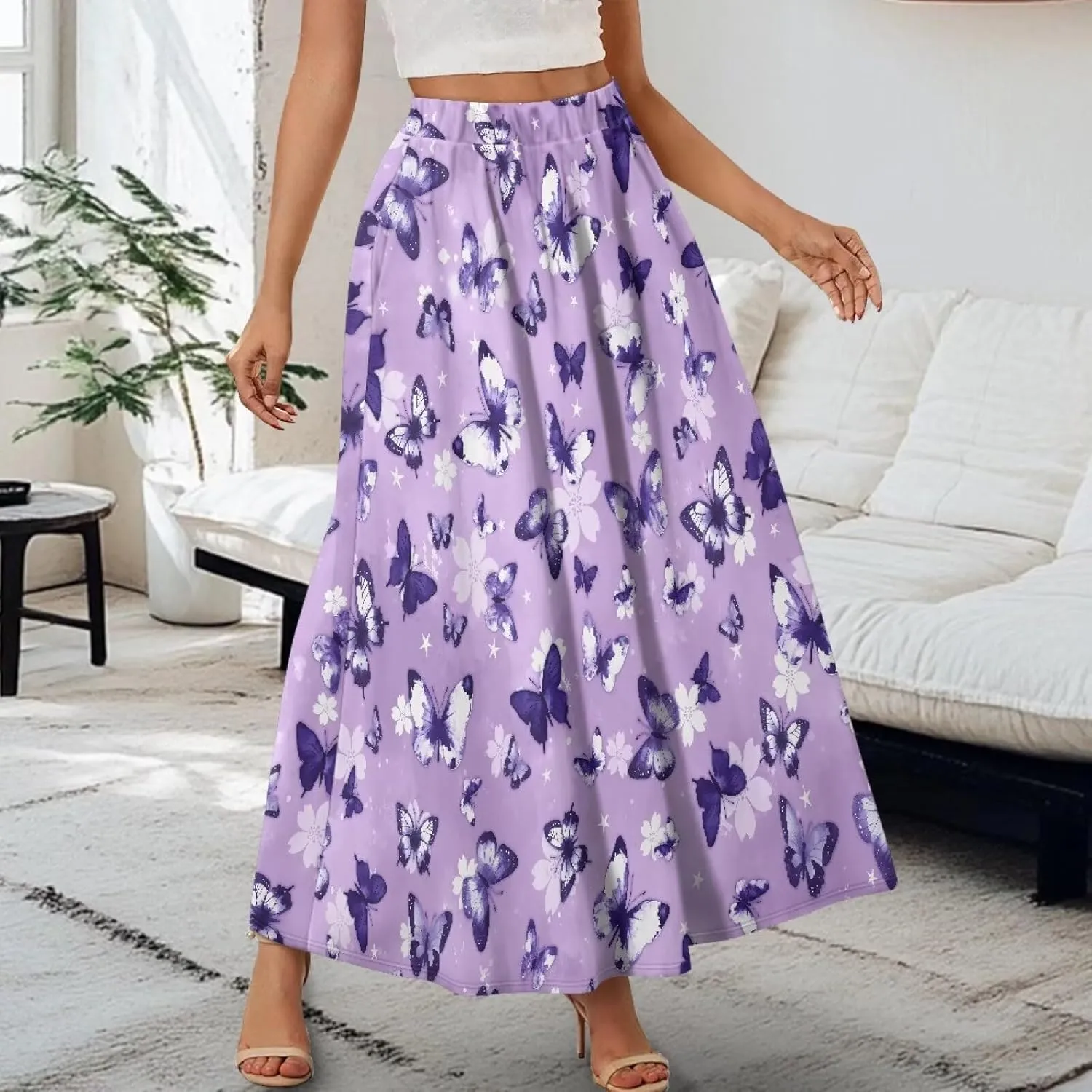 Womens Casual Skirts High Waist Long Pleated Skirts A-line Midi with Pockets Ankle Length Flowy Swing Skirts