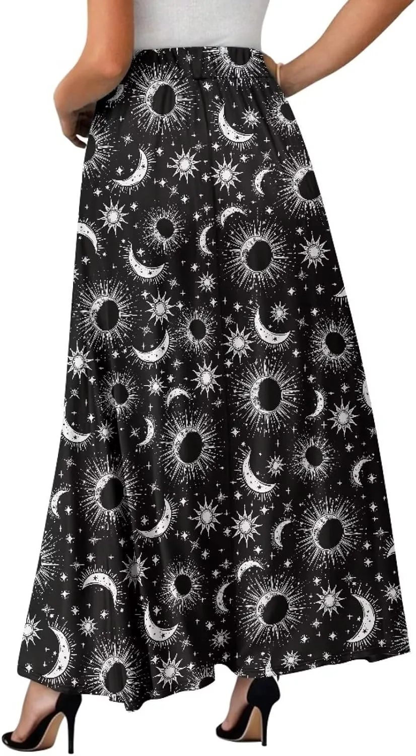 Womens Casual Skirts High Waist Long Pleated Skirts A-line Midi with Pockets Ankle Length Flowy Swing Skirts