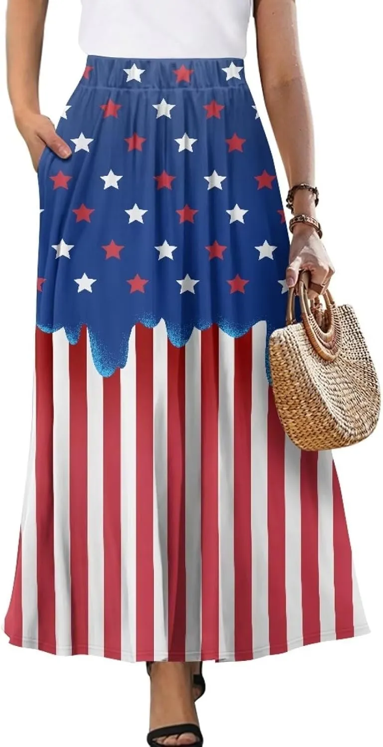 Womens Casual Skirts High Waist Long Pleated Skirts A-line Midi with Pockets Ankle Length Flowy Swing Skirts