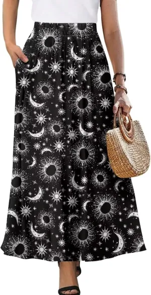 Womens Casual Skirts High Waist Long Pleated Skirts A-line Midi with Pockets Ankle Length Flowy Swing Skirts