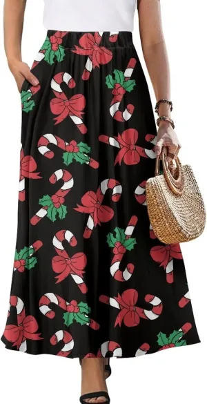 Womens Casual Skirts High Waist Long Pleated Skirts A-line Midi with Pockets Ankle Length Flowy Swing Skirts