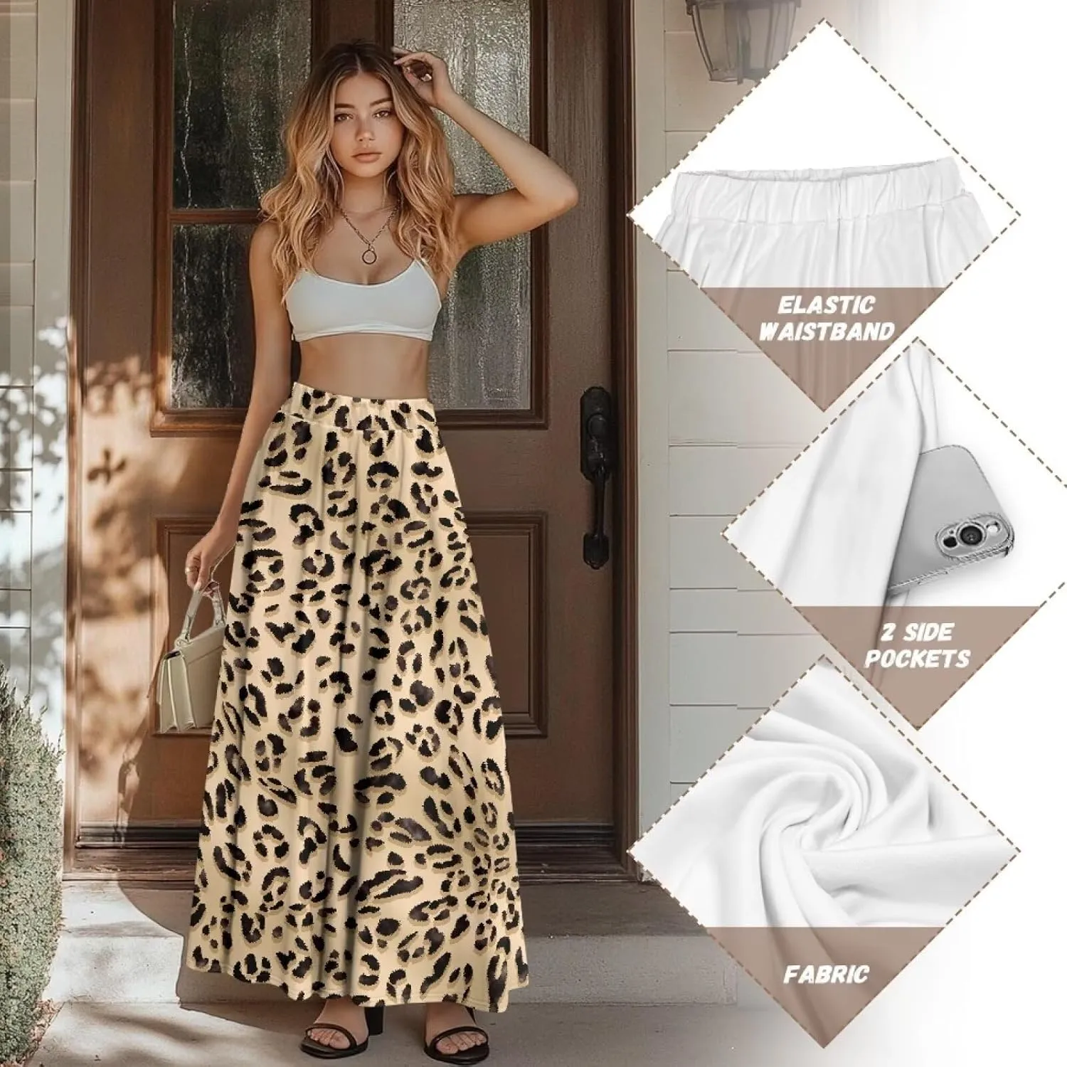Womens Casual Skirts High Waist Long Pleated Skirts A-line Midi with Pockets Ankle Length Flowy Swing Skirts
