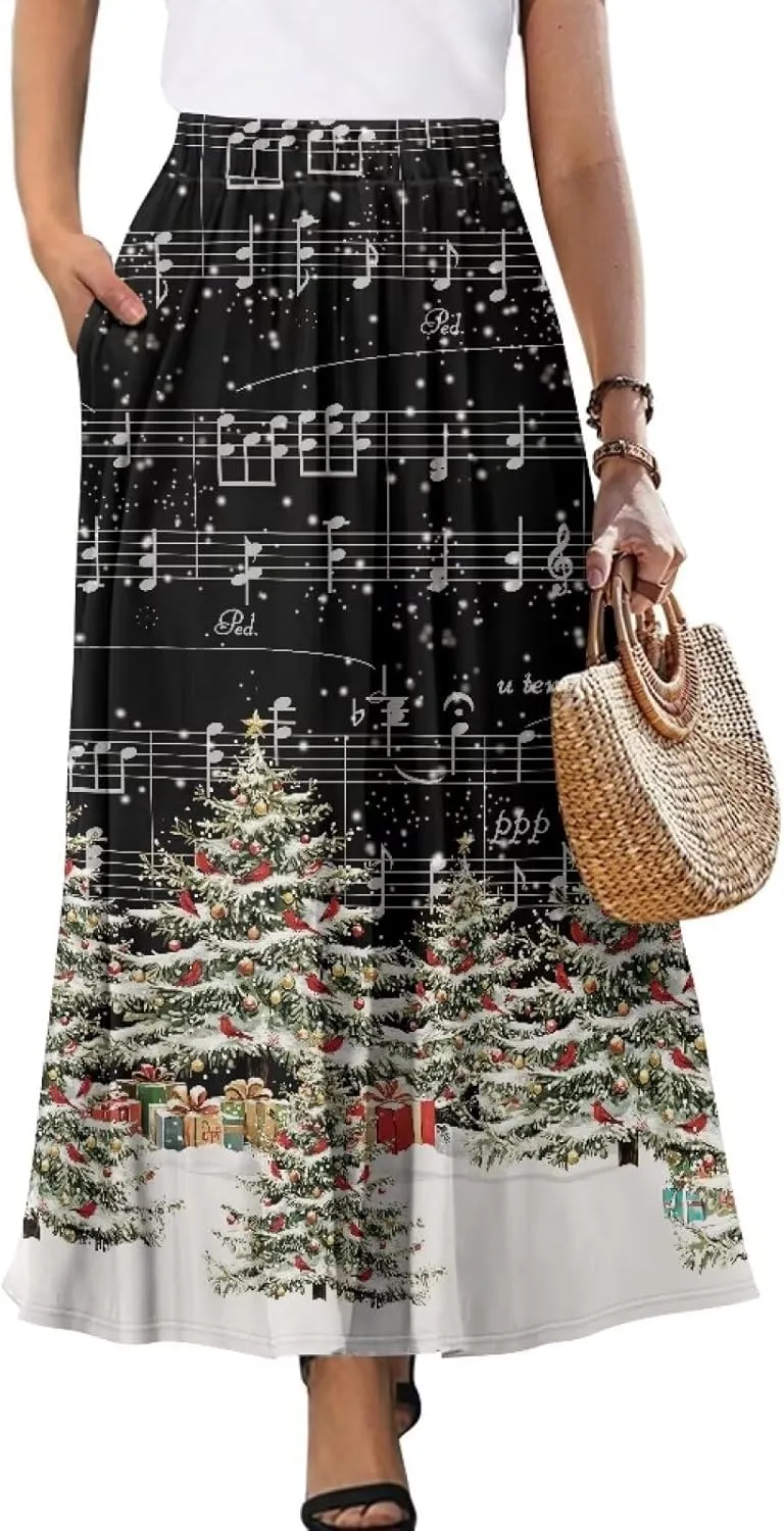 Womens Casual Skirts High Waist Long Pleated Skirts A-line Midi with Pockets Ankle Length Flowy Swing Skirts
