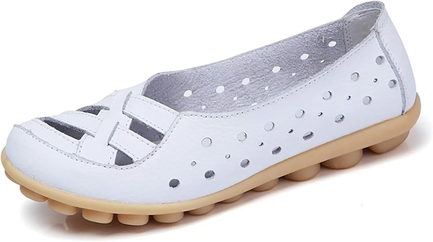 Women's Comfortable Leather Loafers Slip On Walking Flats Casual Round Toe Moccasins Nurse Orthopedic Hollow Shoes Penny Comfort Wide Width Breathable Lightweight Driving Flat Work Loafer