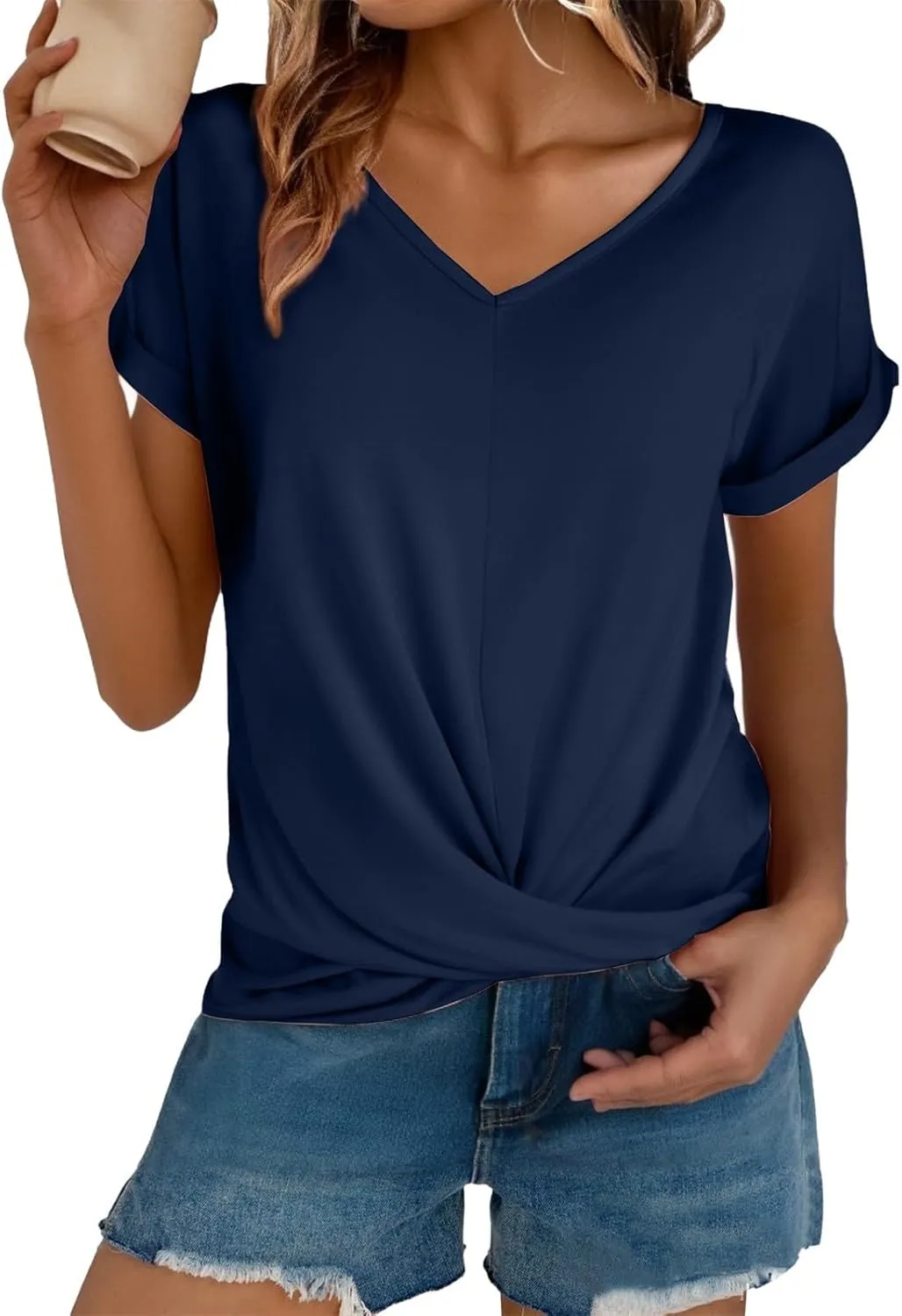 Women's Comfy Casual Summer Tops Short Sleeve V Neck Blouses T Shirts Twist Knot Basic Tees