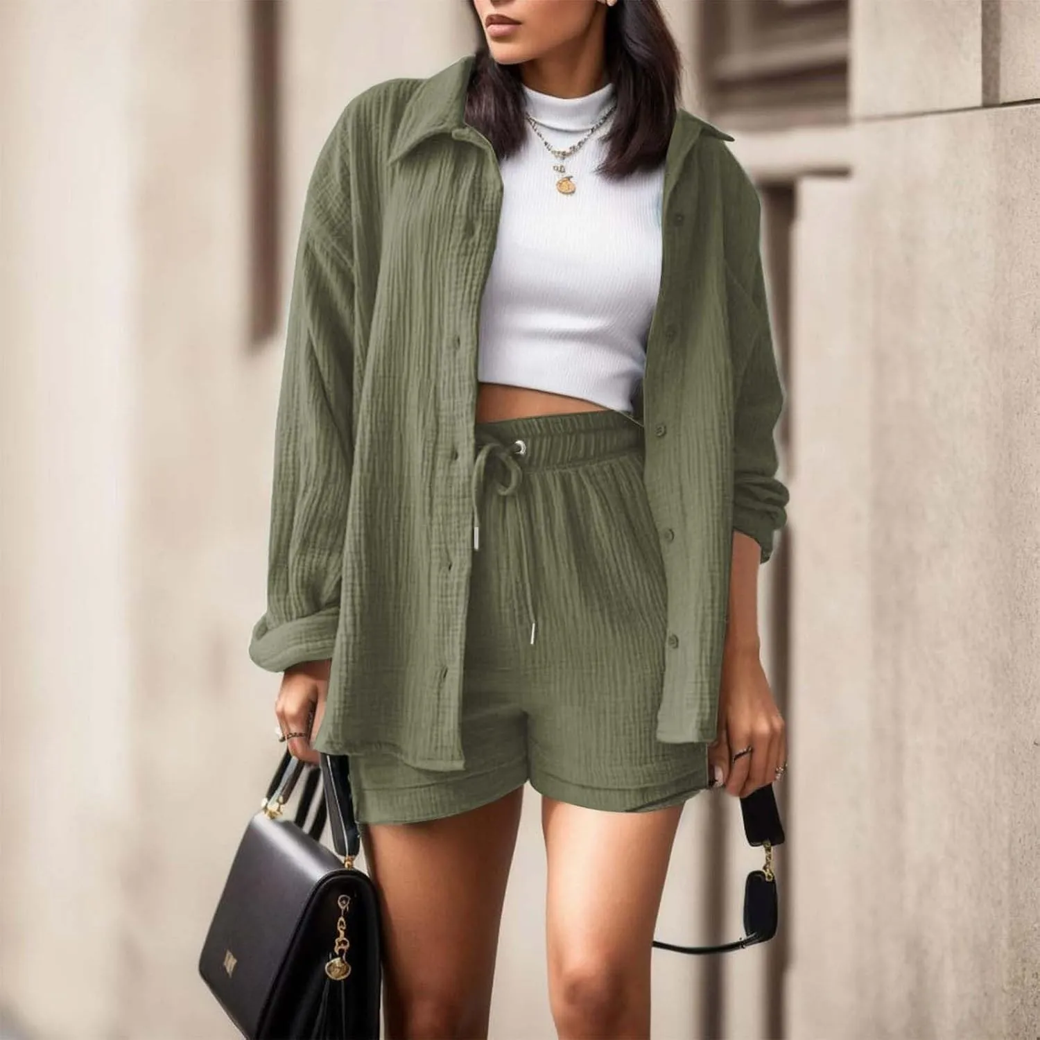 Womens Cotton Linen Outfits Oversized Loose Lapel Long Sleeve Button Down Shirts Solid Wrinkled Side Slit Top