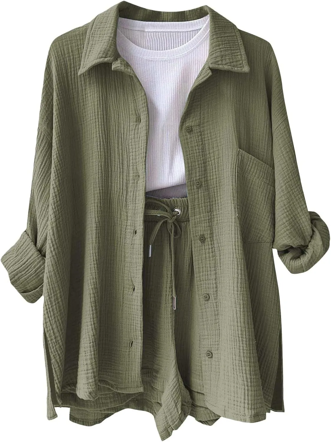 Womens Cotton Linen Outfits Oversized Loose Lapel Long Sleeve Button Down Shirts Solid Wrinkled Side Slit Top