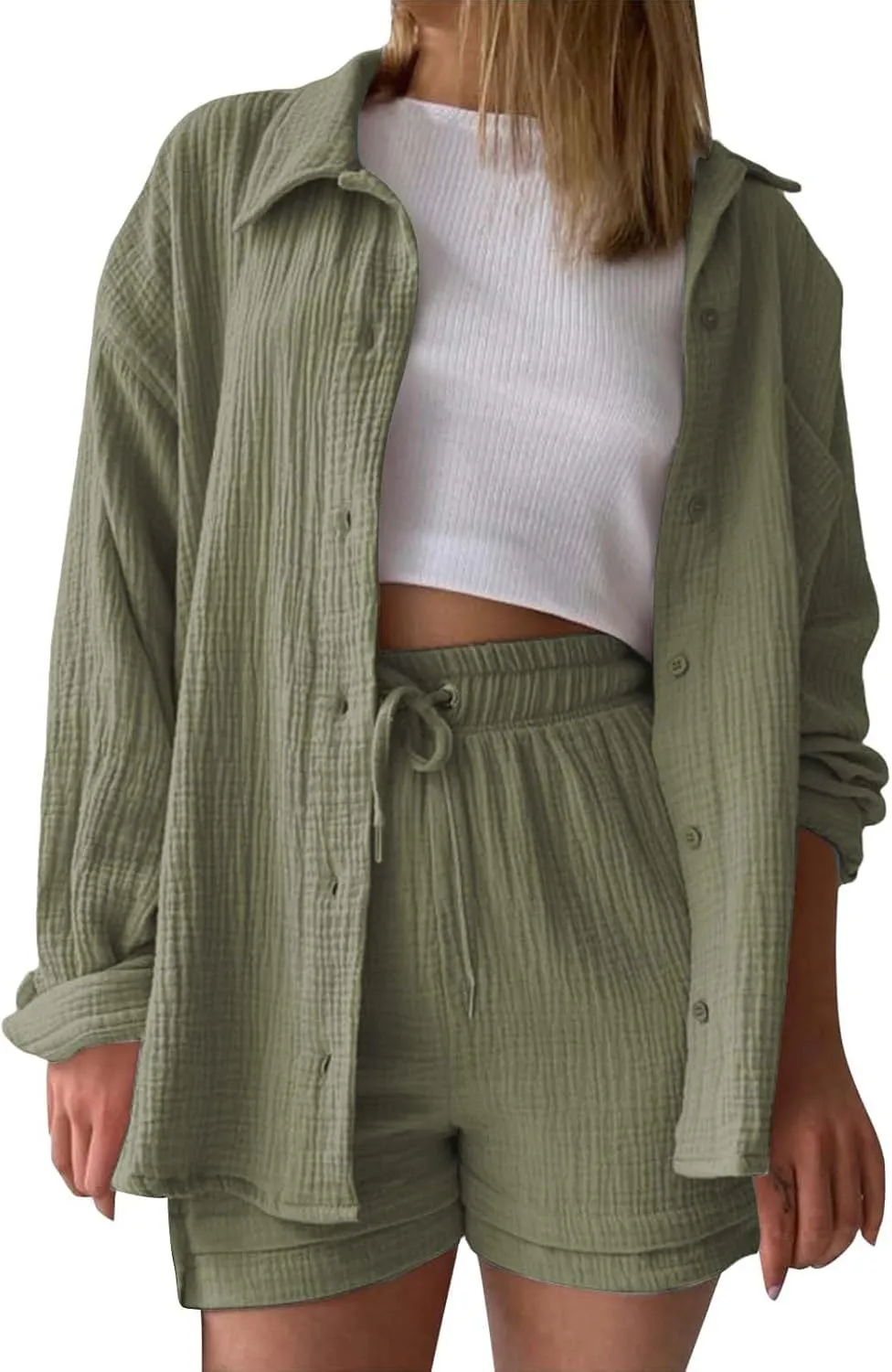 Womens Cotton Linen Outfits Oversized Loose Lapel Long Sleeve Button Down Shirts Solid Wrinkled Side Slit Top