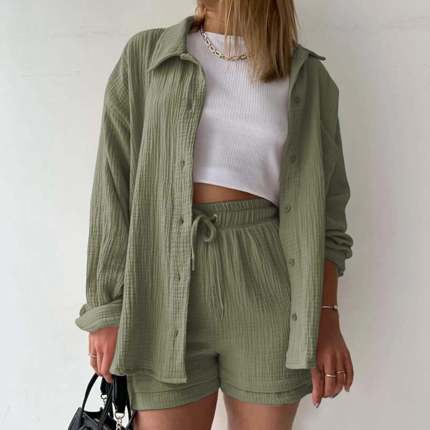 Womens Cotton Linen Outfits Oversized Loose Lapel Long Sleeve Button Down Shirts Solid Wrinkled Side Slit Top