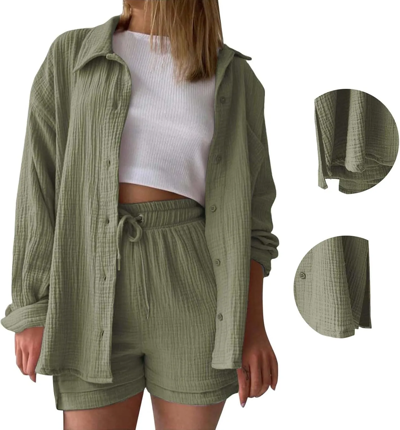 Womens Cotton Linen Outfits Oversized Loose Lapel Long Sleeve Button Down Shirts Solid Wrinkled Side Slit Top