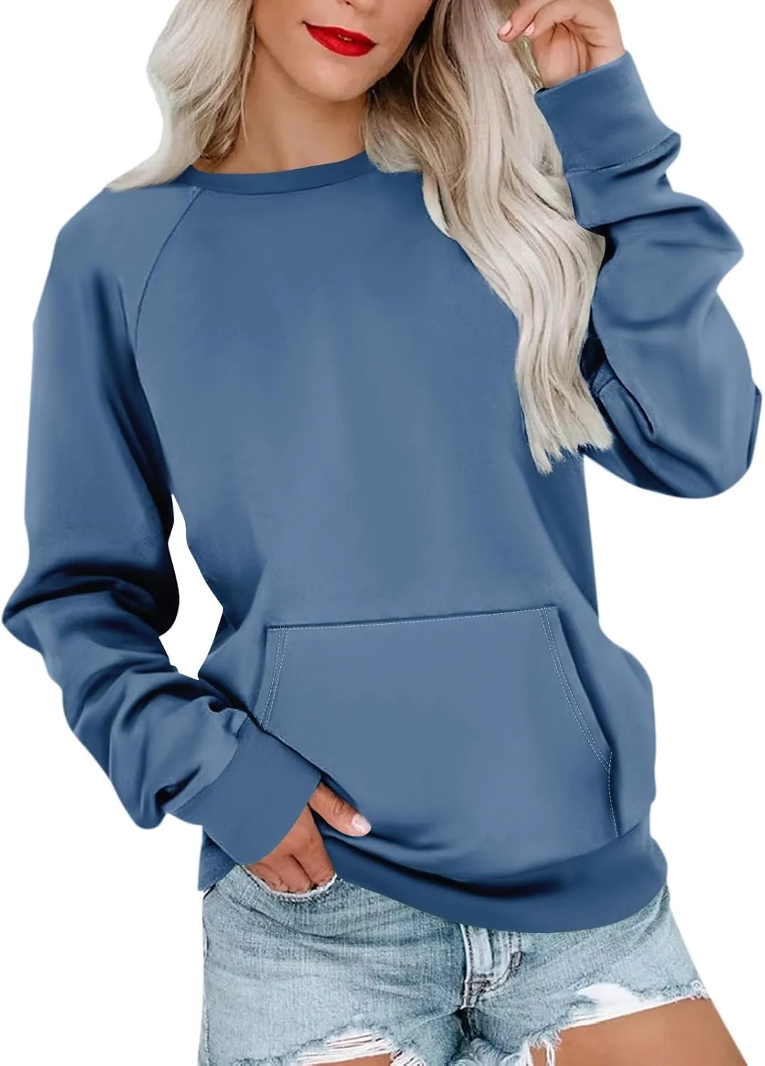 Womens Crewneck Sweatshirt Raglan Sleeve Pullover Sweatshirts No Hood Loose Fit Sweat Shirts Fall Outfits with Pocket