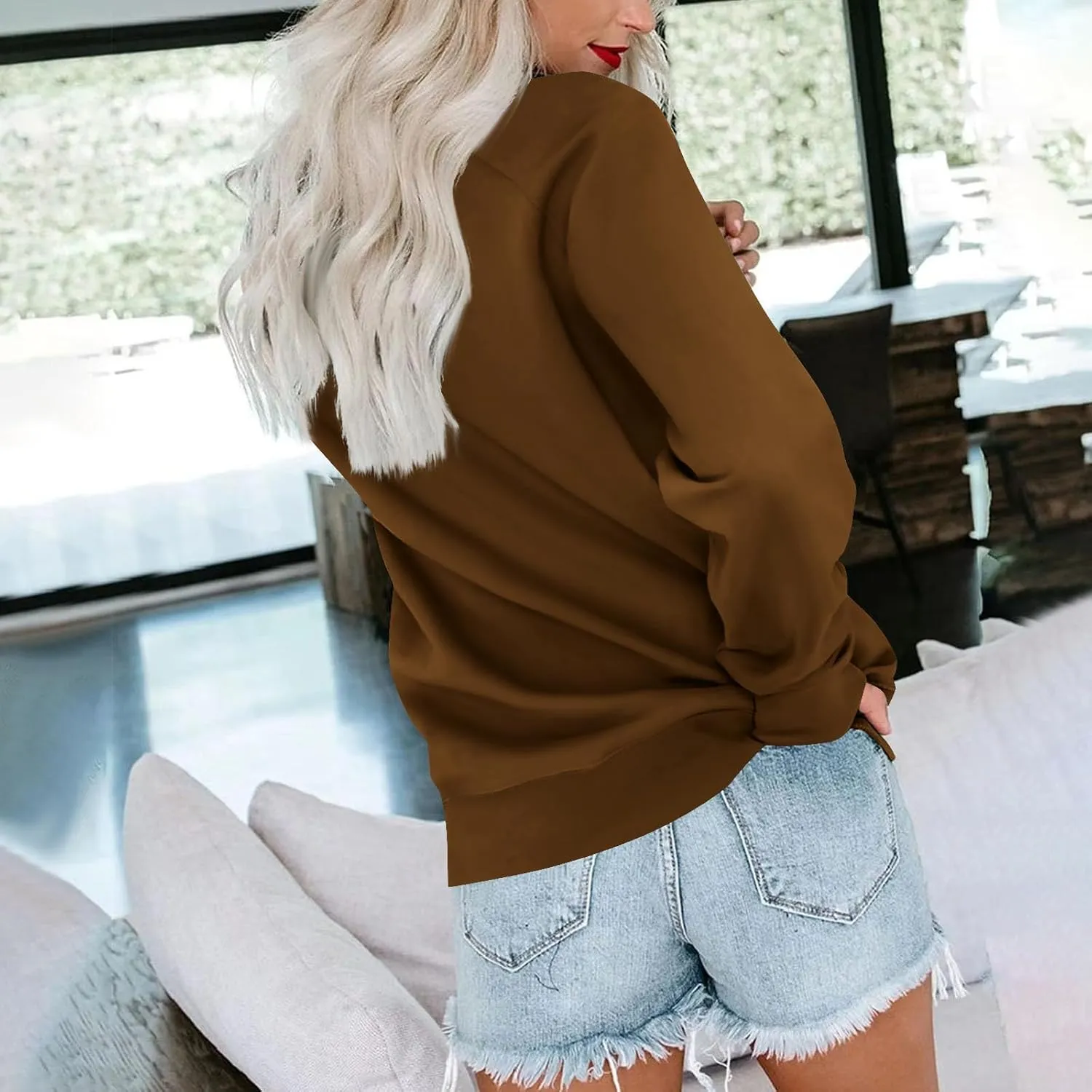 Womens Crewneck Sweatshirt Raglan Sleeve Pullover Sweatshirts No Hood Loose Fit Sweat Shirts Fall Outfits with Pocket