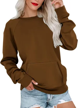 Womens Crewneck Sweatshirt Raglan Sleeve Pullover Sweatshirts No Hood Loose Fit Sweat Shirts Fall Outfits with Pocket