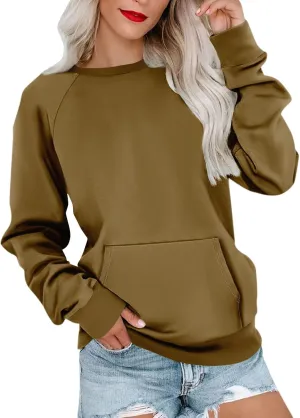 Womens Crewneck Sweatshirt Raglan Sleeve Pullover Sweatshirts No Hood Loose Fit Sweat Shirts Fall Outfits with Pocket