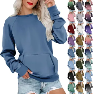 Womens Crewneck Sweatshirt Raglan Sleeve Pullover Sweatshirts No Hood Loose Fit Sweat Shirts Fall Outfits with Pocket