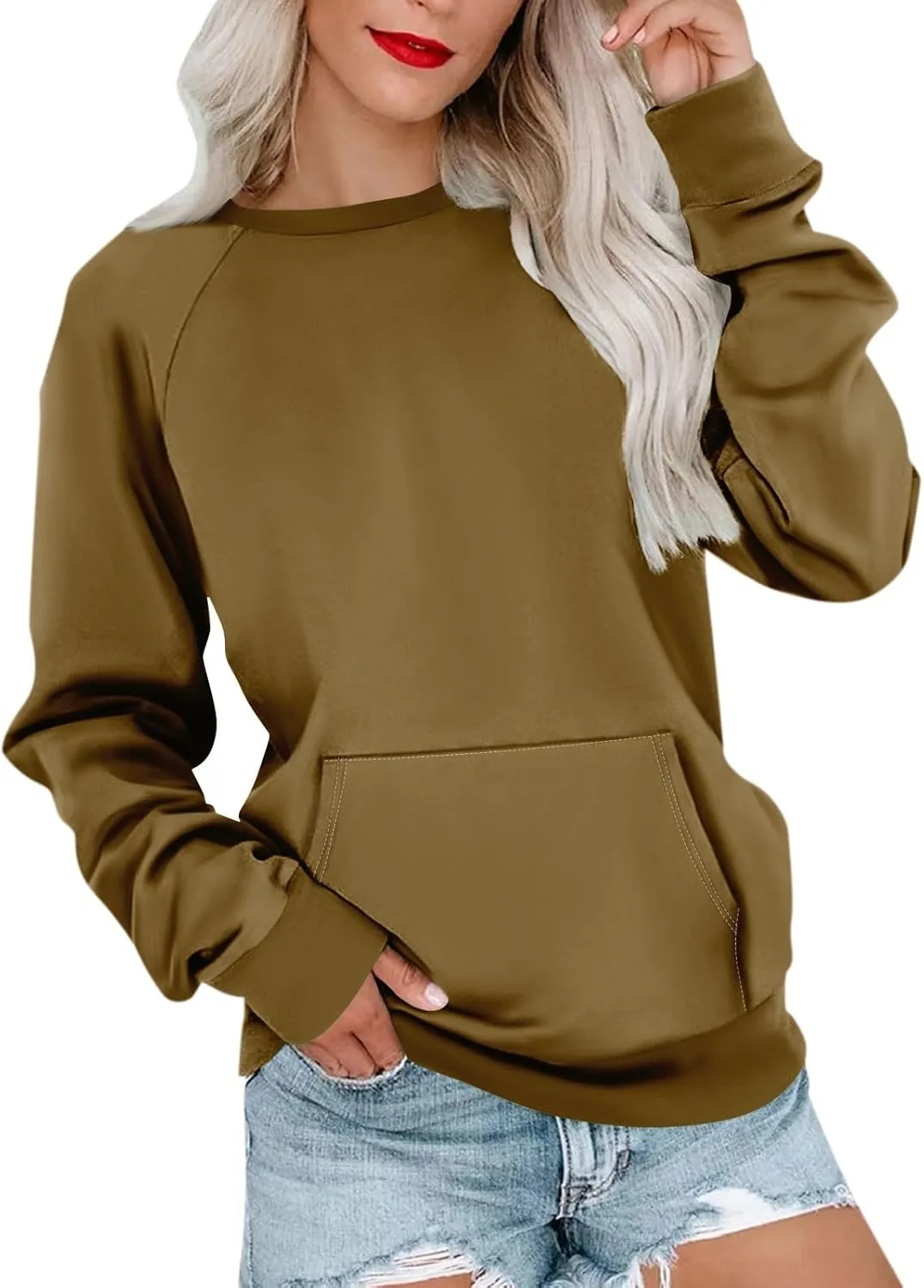 Womens Crewneck Sweatshirt Raglan Sleeve Pullover Sweatshirts No Hood Loose Fit Sweat Shirts Fall Outfits with Pocket