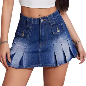 Women's Denim Cargo Skirt High Waisted A Line Pleated Jean Skirts with Pockets