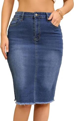 Women's Denim Skirt High Waist Raw Hem Pockets Stretch Bodycon Pencil Skirt Knee Length Jean Skirts