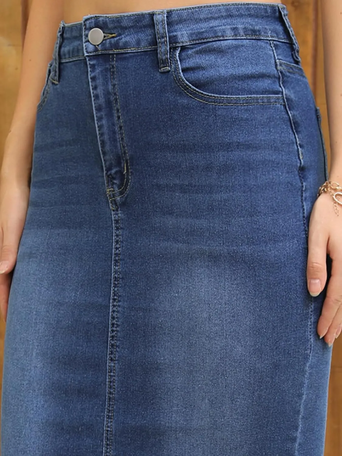 Women's Denim Skirt High Waist Raw Hem Pockets Stretch Bodycon Pencil Skirt Knee Length Jean Skirts