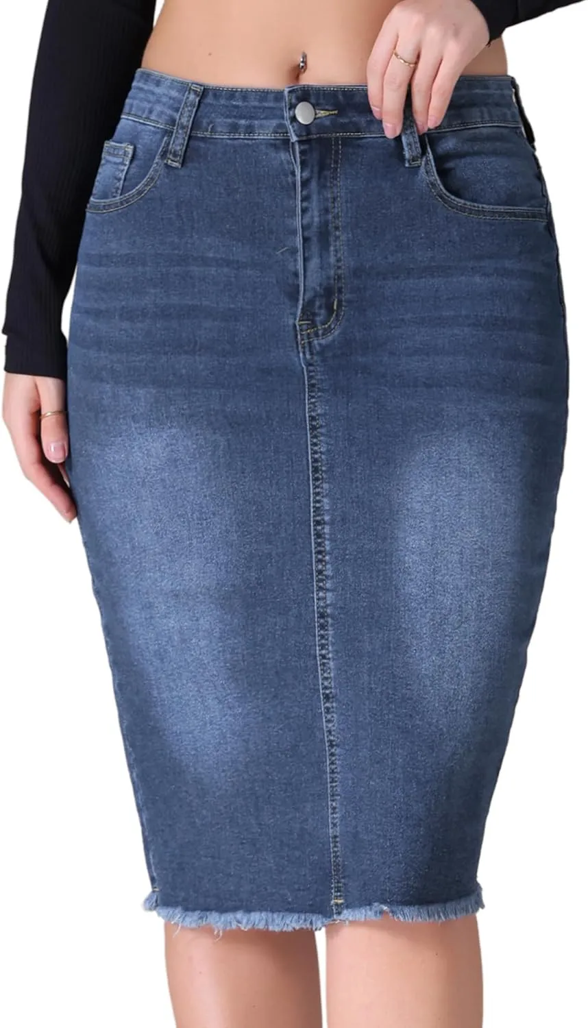 Women's Denim Skirt High Waist Raw Hem Pockets Stretch Bodycon Pencil Skirt Knee Length Jean Skirts