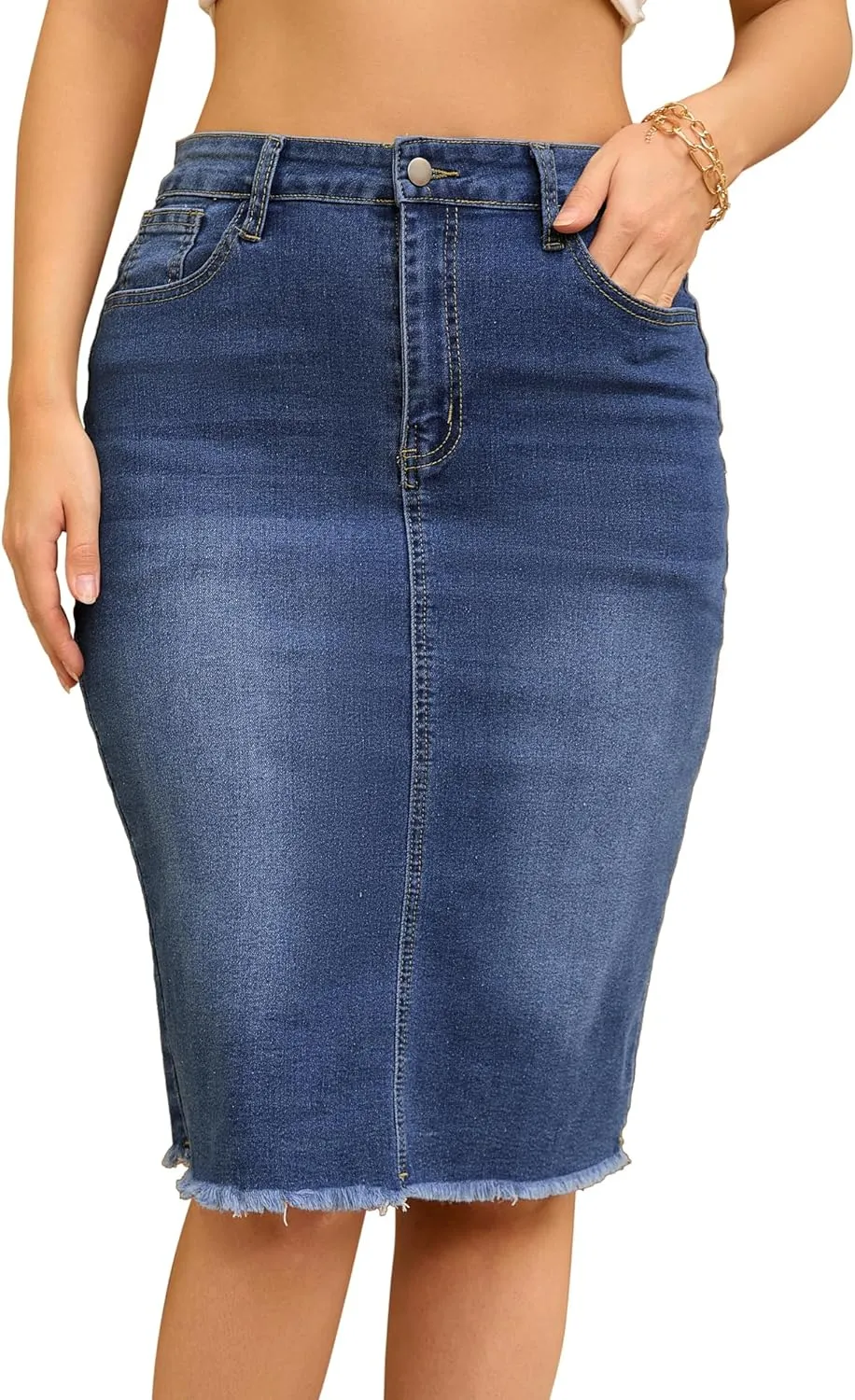 Women's Denim Skirt High Waist Raw Hem Pockets Stretch Bodycon Pencil Skirt Knee Length Jean Skirts