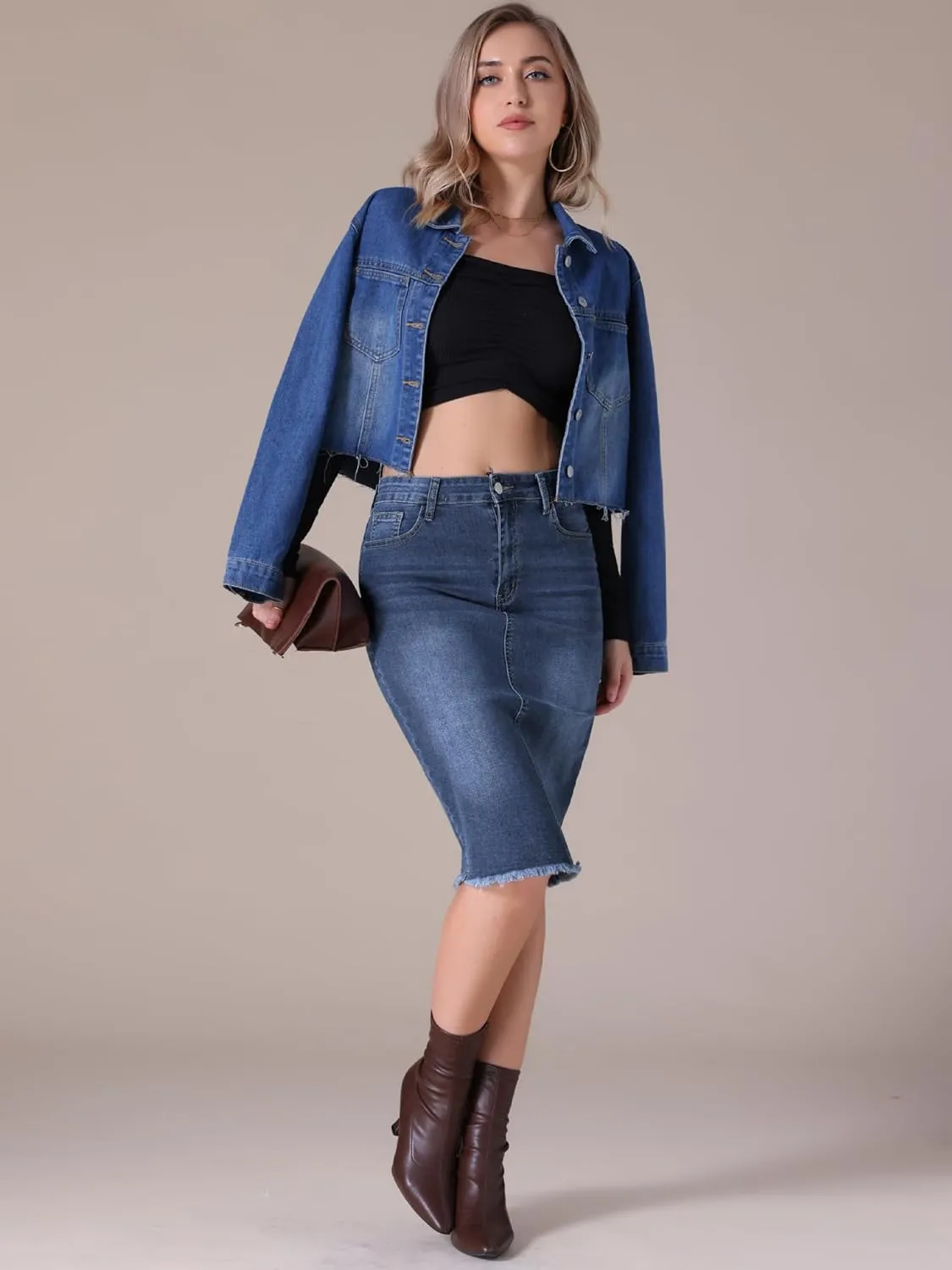 Women's Denim Skirt High Waist Raw Hem Pockets Stretch Bodycon Pencil Skirt Knee Length Jean Skirts