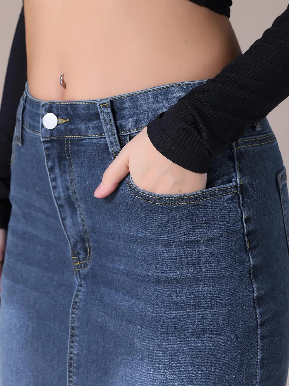 Women's Denim Skirt High Waist Raw Hem Pockets Stretch Bodycon Pencil Skirt Knee Length Jean Skirts