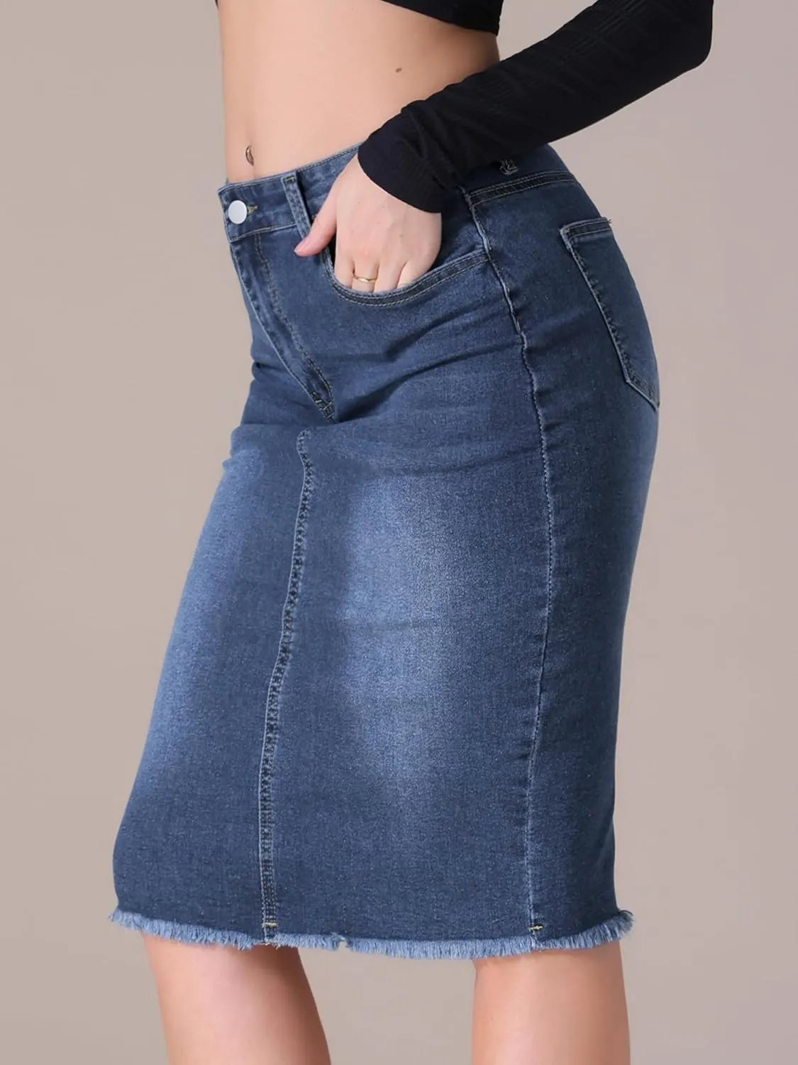 Women's Denim Skirt High Waist Raw Hem Pockets Stretch Bodycon Pencil Skirt Knee Length Jean Skirts