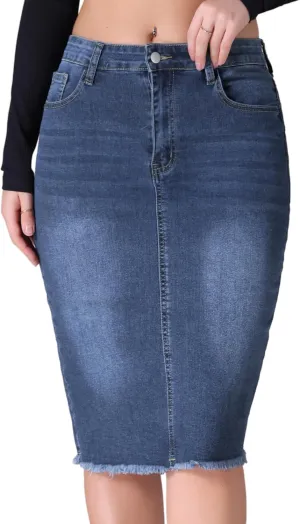 Women's Denim Skirt High Waist Raw Hem Pockets Stretch Bodycon Pencil Skirt Knee Length Jean Skirts
