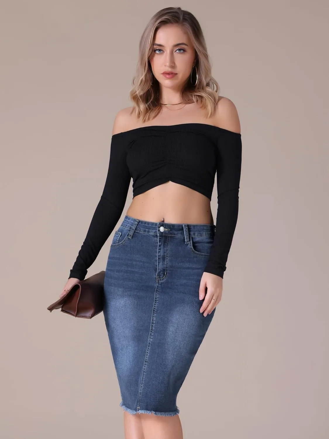 Women's Denim Skirt High Waist Raw Hem Pockets Stretch Bodycon Pencil Skirt Knee Length Jean Skirts